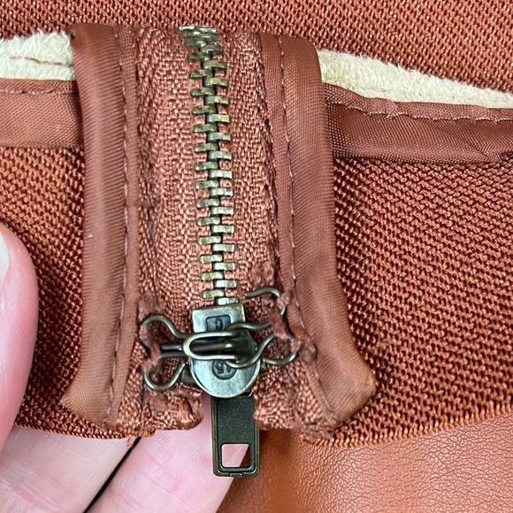 Caramel Brown Faux Leather Mini Skirt Size Small Skater Back Zipper - Picture 4 of 16